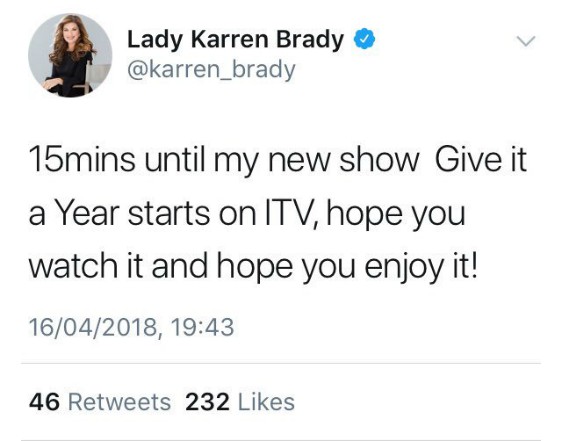 Karren Brady Give it a Year Tweet