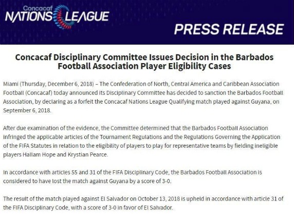 CONCACAF Ruling Barbados Guyana