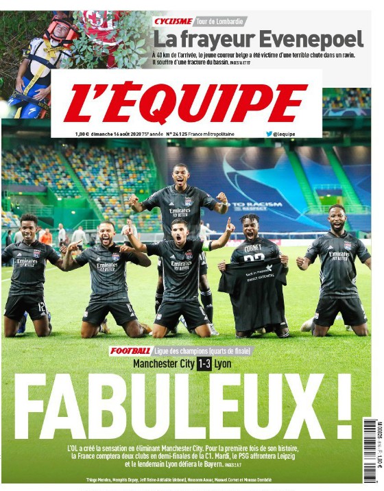 L’Equipe frontpage headline “Fabuleux” | Man City vs Lyon 1-3 Goals ...