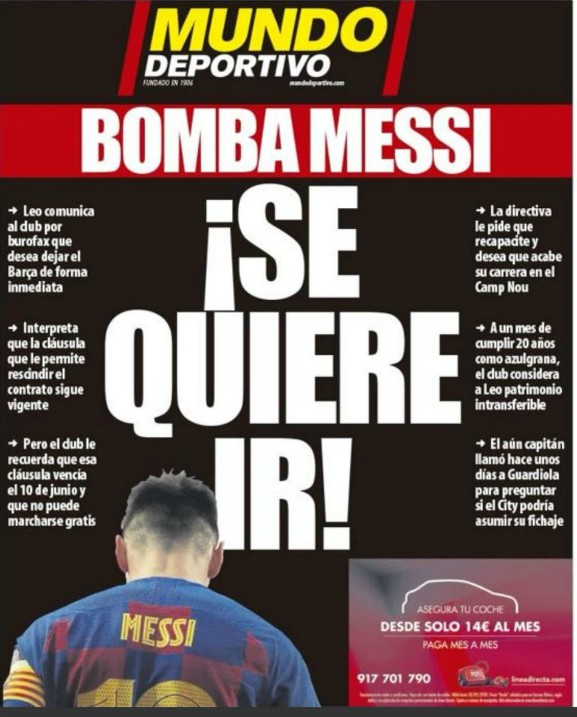 Mundo Deportivo Frontpage August 26 2020 Messi