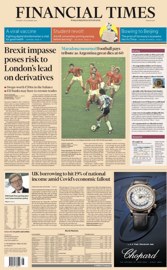 Financial Times FT Headline Maradona Death