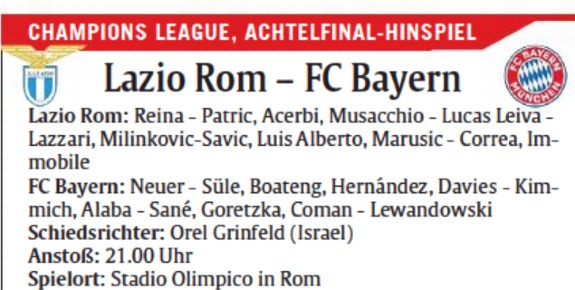 Lazio Bayern Predicted Lineups from Abendzeitung Munchen