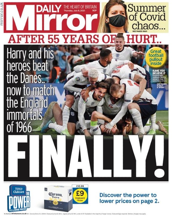 Daily Mirror Front Page after England Denmark Euro SF