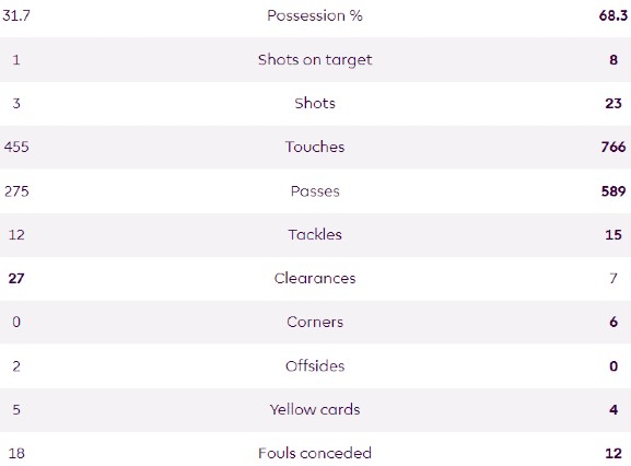 Wolves 2-1 Manchester City Match Stats 23-24