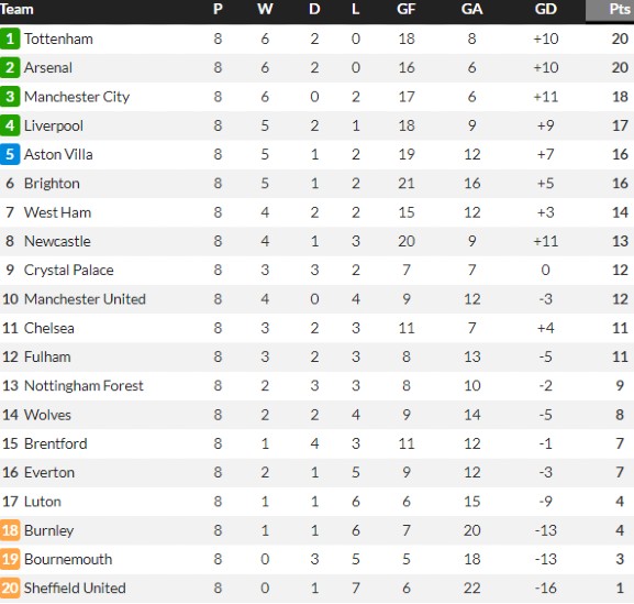 EPL Standings After Round 8 2023-2024 season