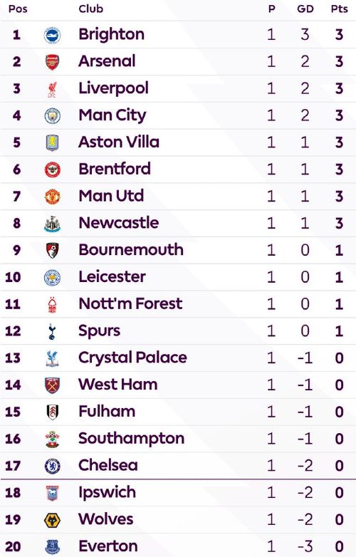 Premier League Standings After Week 1 Opening 2024-2025